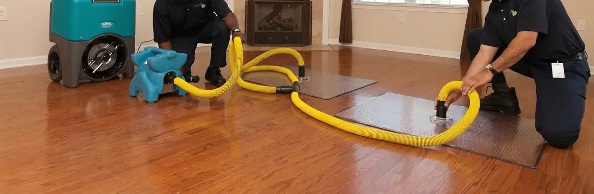 emergency water removal technicians extracting standing water from a home using professional equipment in Arlington, TX