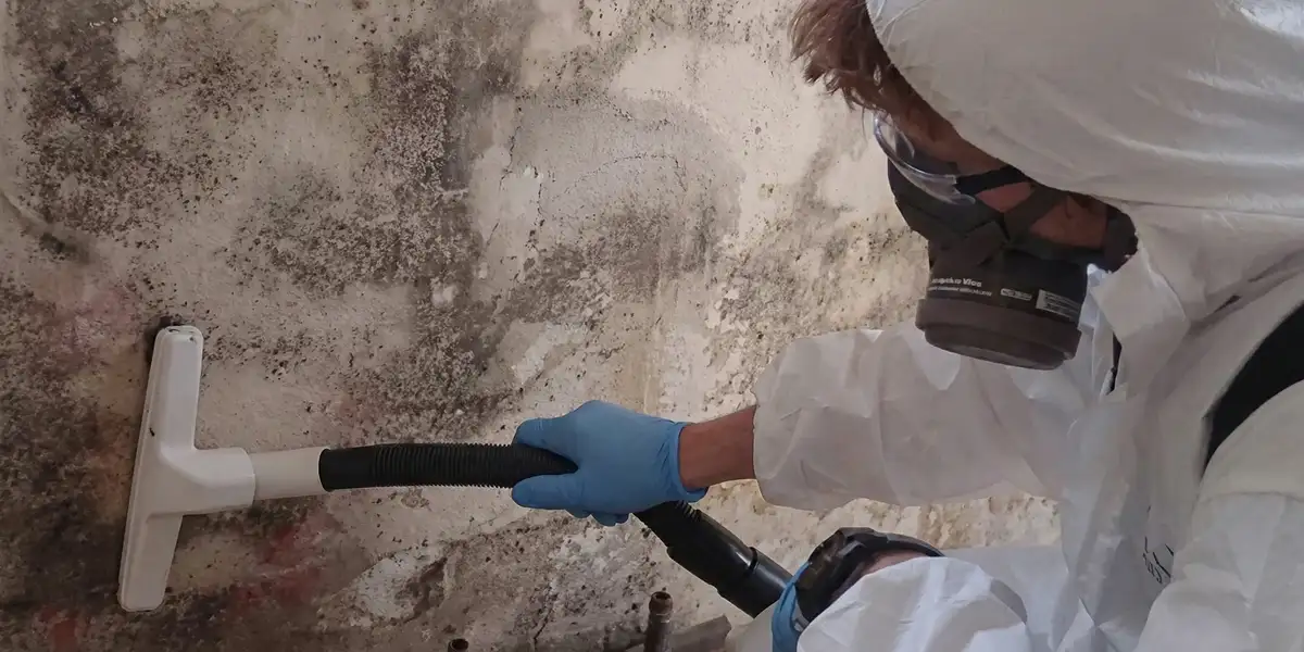 professional mold removal technician wearing protective equipment removing mold from a wall in Arlington, TX