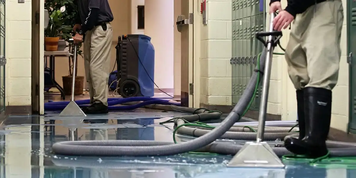 water damage restoration technicians performing professional water extraction inside a property in Arlington, TX